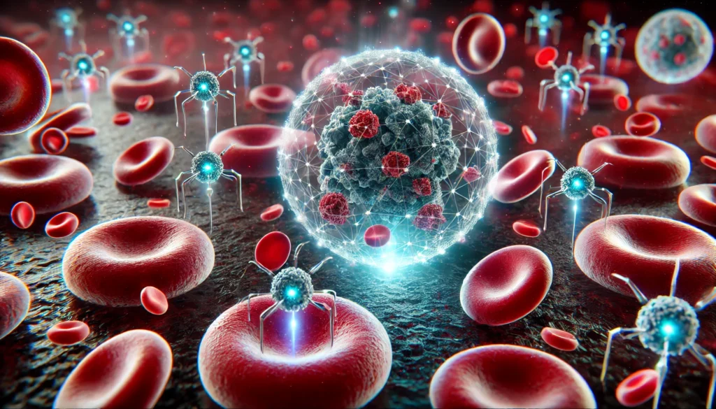 Microscopic nanobots navigating through human blood vessels to target cancer cells, symbolizing precision cancer therapy using advanced nanotechnology in a high-contrast biological environment.