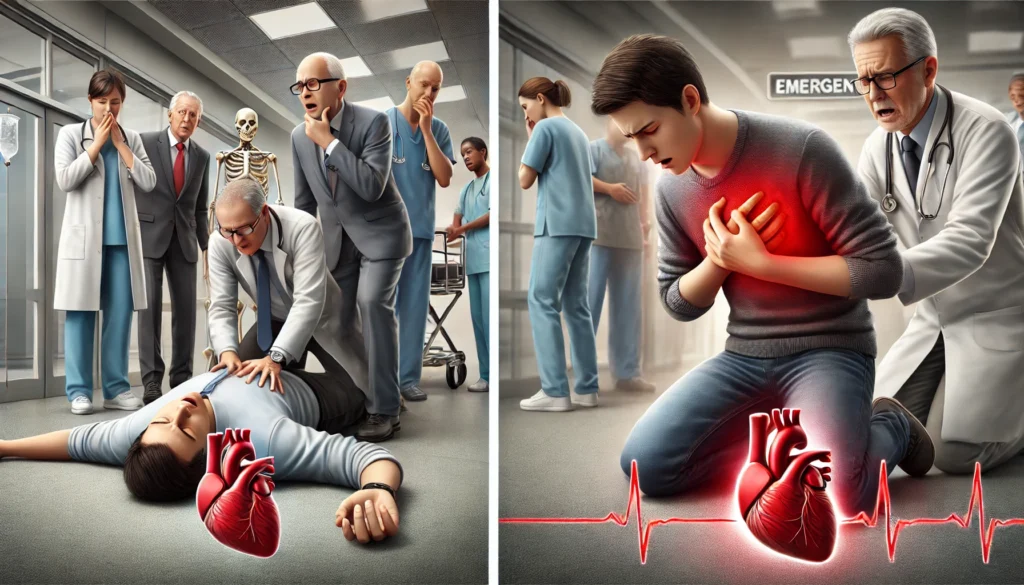 Realistic medical illustration showing a person collapsing during cardiac arrest while another individual clutches their chest in pain from a heart attack, both in an emergency setting.