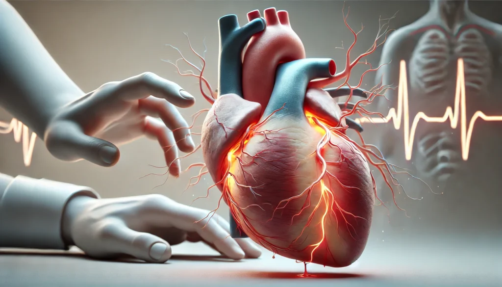 3D medical visualization comparing a heart with a blocked artery representing a heart attack and another heart with erratic electrical activity depicting cardiac arrest.