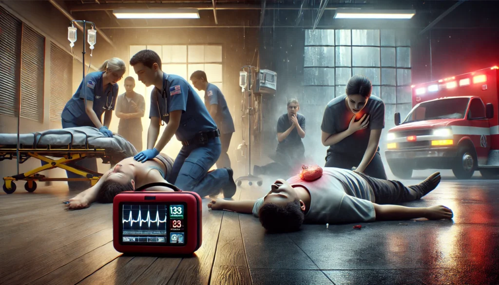 Cinematic emergency scene showing CPR being administered to a cardiac arrest victim while paramedics assist a heart attack patient nearby.