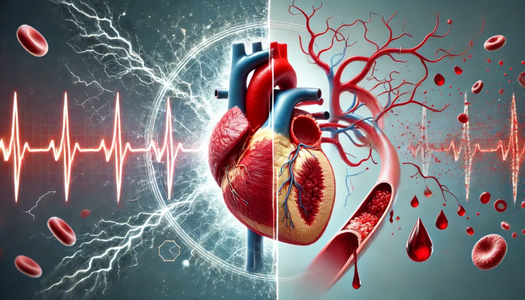 Conceptual split image showing an electric shockwave disrupting heart rhythm symbolizing cardiac arrest and a blood clot forming inside a coronary artery representing a heart attack.