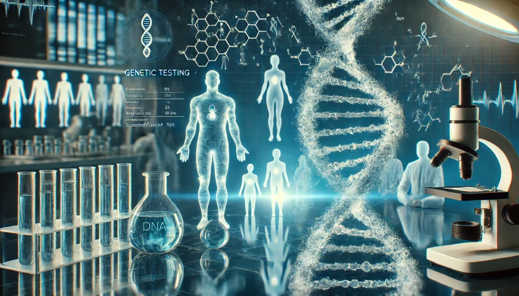Glowing DNA strand set in a high-tech laboratory with highlighted human silhouettes in the background, symbolizing cancer risk identification through genetic testing.