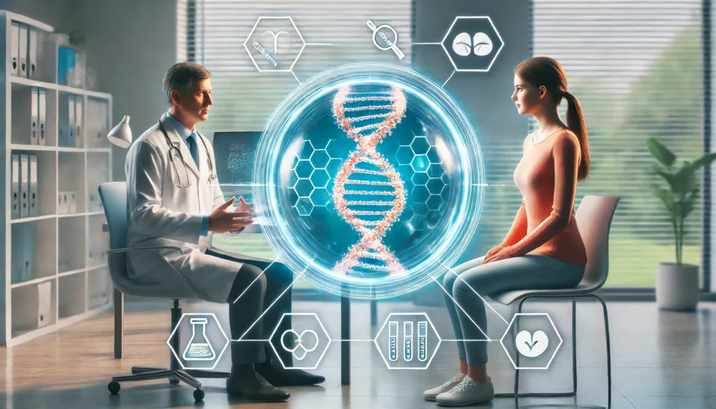 Doctor and patient discussing a glowing 3D DNA hologram in a bright, modern clinic setting, representing the benefits of early detection and personalized medicine.