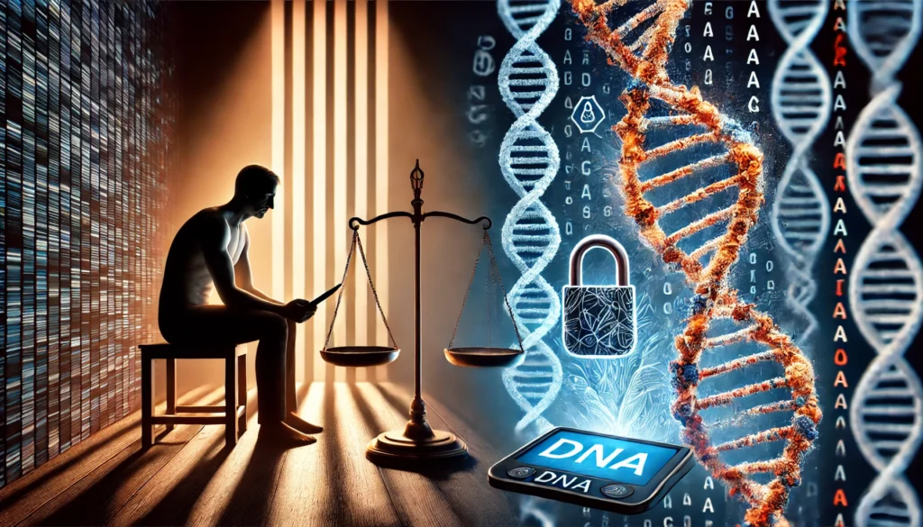 Split scene showing a concerned person viewing a digital DNA scan and symbolic visuals of a lock and balance scale over DNA strands, depicting privacy and ethical concerns in cancer genetic testing.