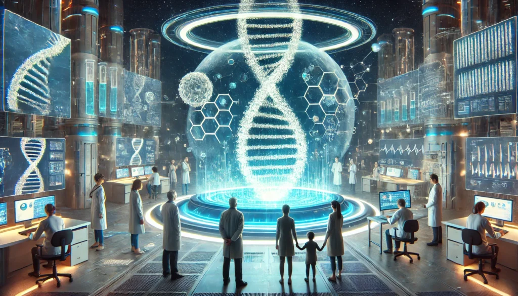 Futuristic medical facility with glowing DNA at the center, surrounded by doctors analyzing holographic data while a hopeful family observes, symbolizing the role of advanced genetic testing in the future of cancer prevention.