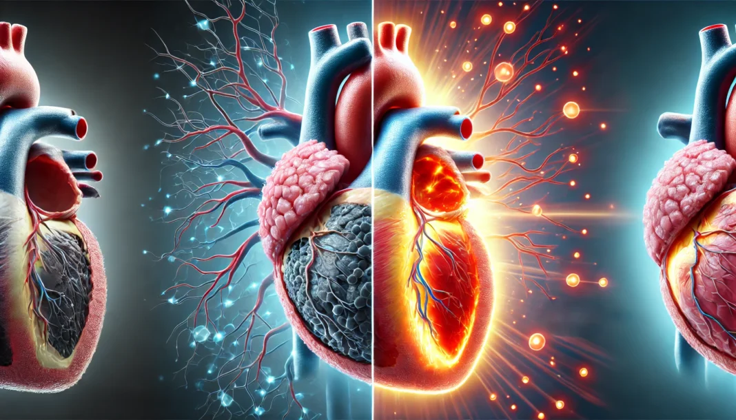 Cutaway illustration of a human heart showing damaged muscle on one side and regenerated healthy tissue on the other, with nanotech repairs symbolizing scientific advances in reversing heart failure.