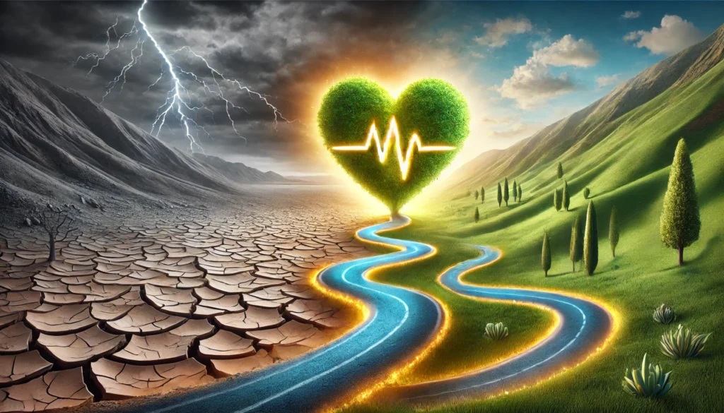 Symbolic winding road transforming from desert to green valley with a glowing heart-shaped tree, illustrating the journey from heart failure to recovery and renewed health.