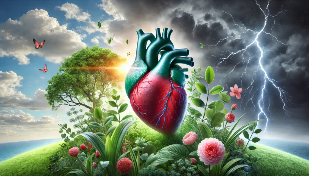 Symbolic image of heart failure recovery showing a glass heart with cracks surrounded by blooming plants under a sky transitioning from stormy clouds to sunshine, representing healing and hope.
