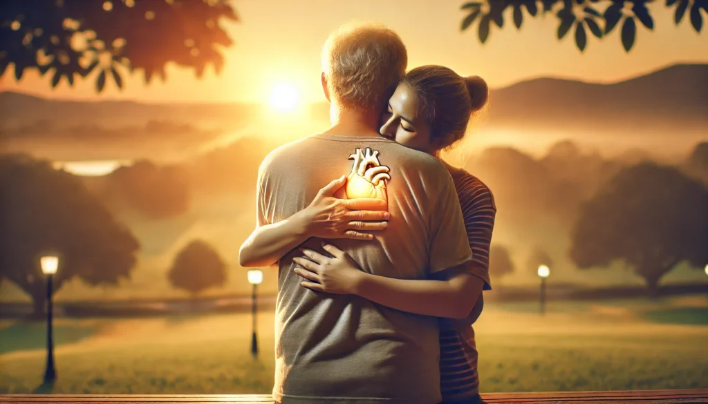 Heart failure survivor embracing a loved one at sunrise in a peaceful park, symbolizing emotional support, healing, and recovery after treatment.