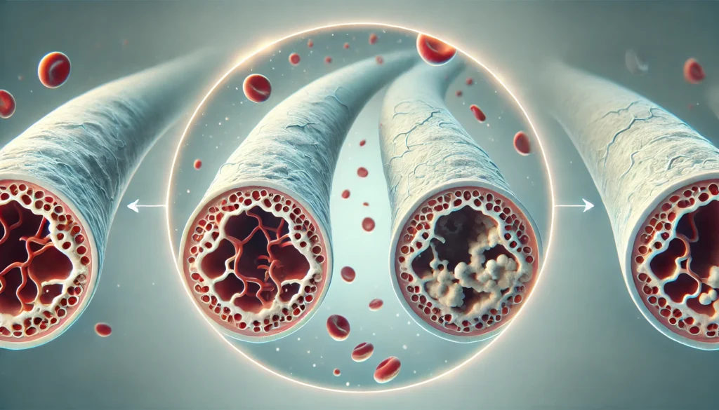 Clinical zoomed-in rendering of an artery wall with cholesterol plaque on the left and a clean, healthy surface after statin treatment on the right, against a plain, sterile backdrop.
