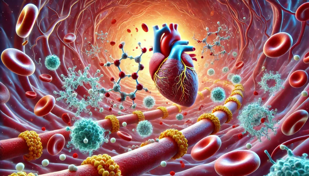 Detailed molecular visualization of statins interacting with enzymes inside a blood vessel, reducing cholesterol production and improving artery smoothness with realistic biological textures.