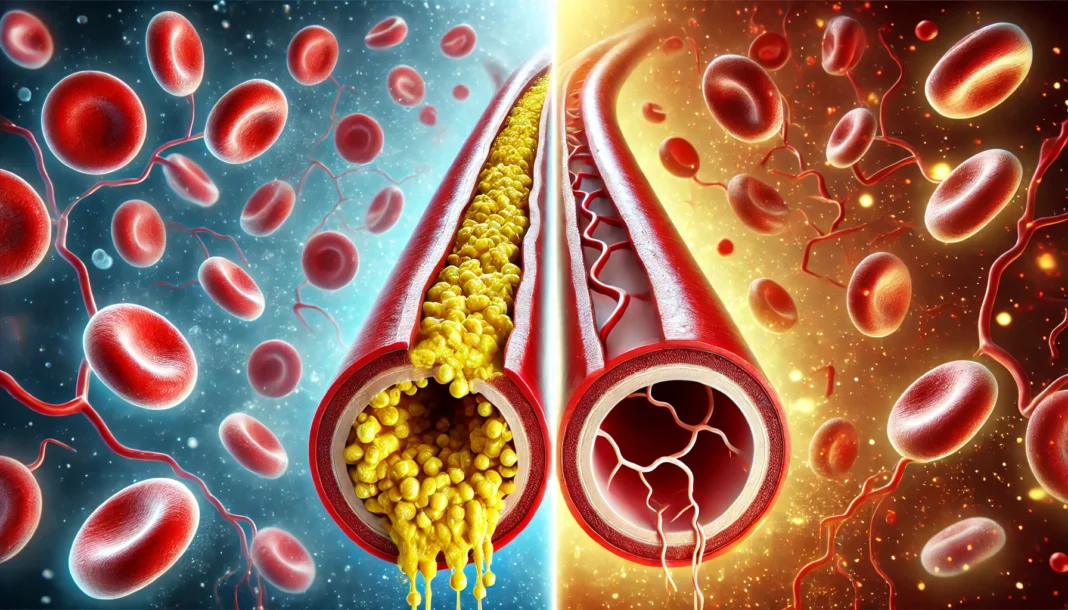 Cross-sectional medical illustration of a human artery showing a comparison between severe plaque buildup and a clean, healthy artery after statin treatment, with flowing red blood cells in a clinical setting.