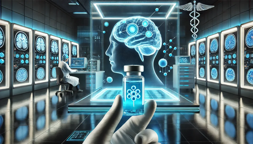 Futuristic medical laboratory with glowing brain scans and a scientist holding a vial of mRNA vaccine, symbolizing advanced research in targeted glioblastoma treatment.