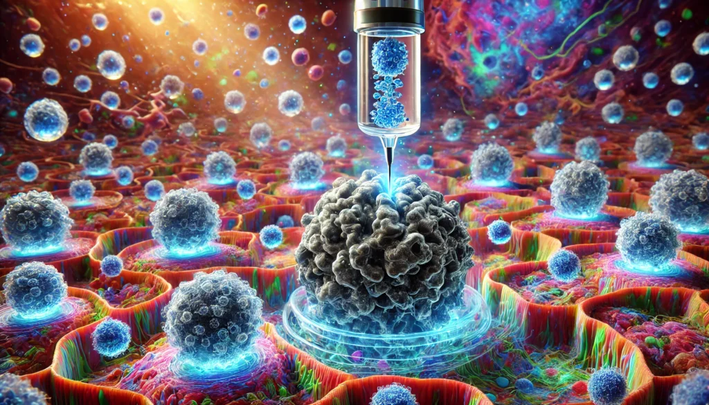 Microscopic 3D rendering of glowing mRNA nanoparticles approaching glioblastoma cells in brain tissue, representing a scientific breakthrough in cancer vaccine delivery.