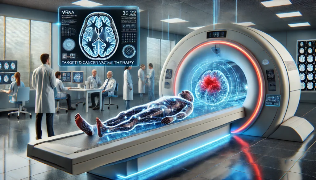 Patient in a high-tech MRI scanner with illuminated brain scan showing glioblastoma targets, observed by doctors using advanced monitoring tools, illustrating clinical application of mRNA therapy.