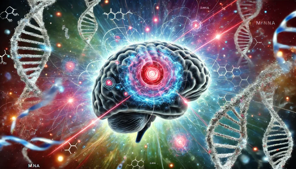 Artistic glowing brain surrounded by mRNA strands and genetic code in a cosmic setting, metaphorically representing innovation in brain cancer treatment through mRNA technology.