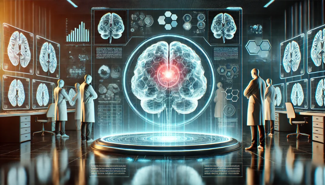 Scientists in a futuristic lab examine holographic 3D brain scans showing glioma tumor reduction, symbolizing cutting-edge brain cancer treatment advancements.