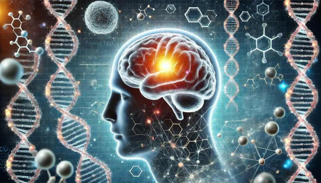 Artistic visualization of a human brain with glowing neural pathways and a shrinking tumor, set against abstract DNA strands and molecular research motifs.