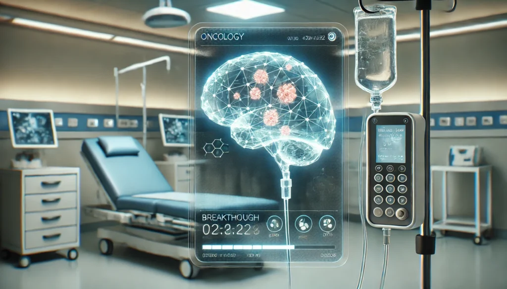 Patient receiving innovative intravenous therapy in a modern oncology treatment room, with digital overlay showing brain tumor shrinkage from targeted drug intervention.