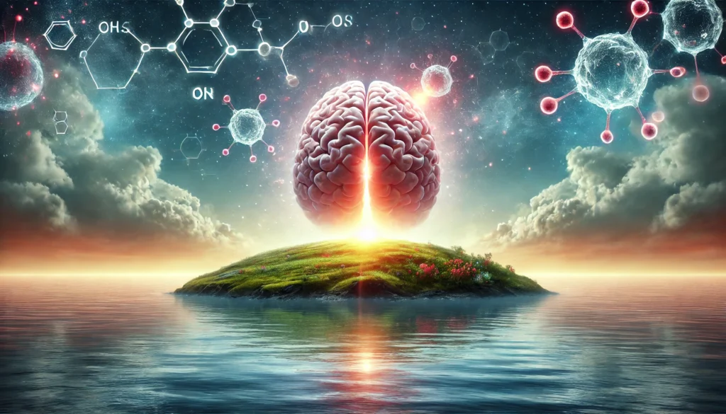 A brain-shaped island in a glowing ocean regenerates from tumor to healthy tissue, with molecular patterns in the sky, symbolizing healing and scientific progress in glioma research.