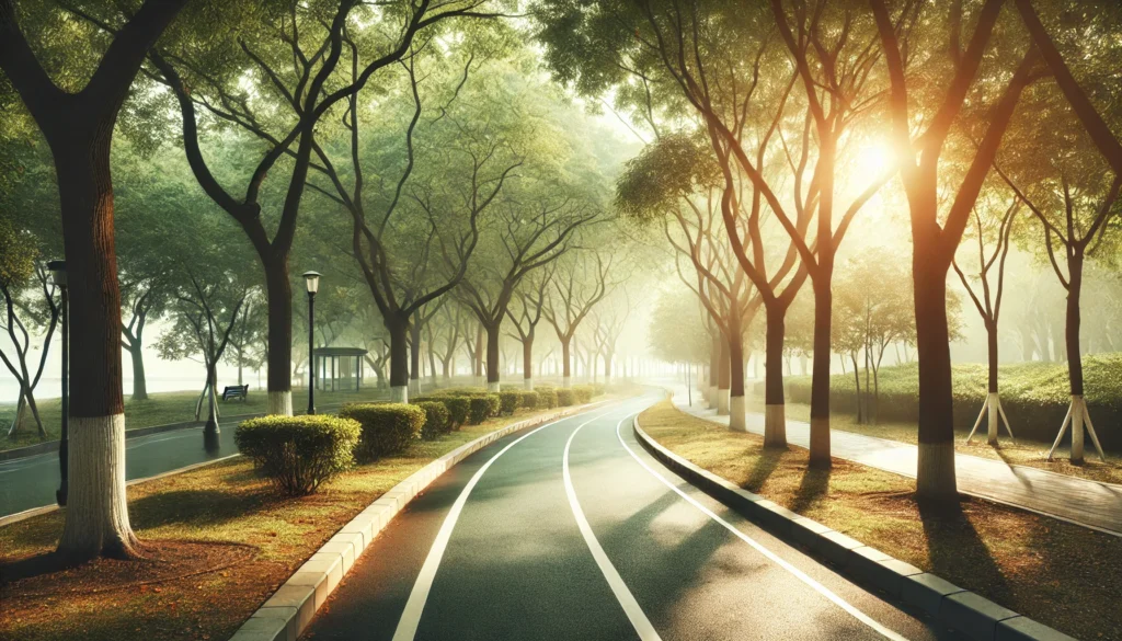 Empty scenic park path with soft morning sunlight filtering through trees, evoking a calm, natural setting ideal for gentle cardiovascular exercise and heart health recovery.