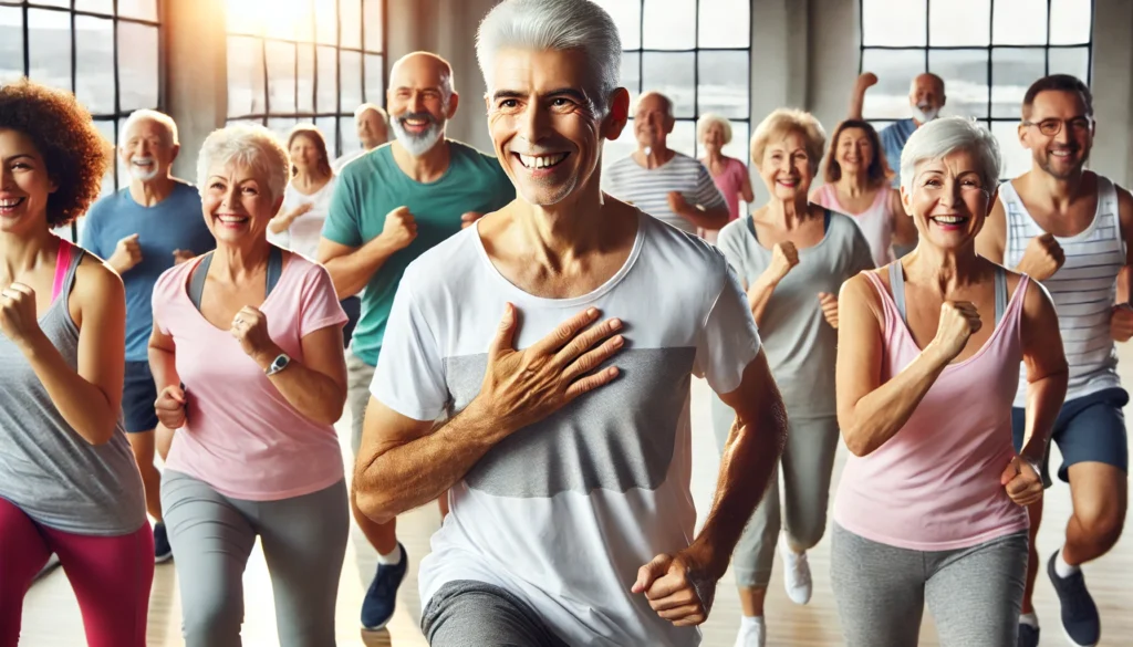 Diverse group of older adults performing aerobic exercises in a bright gym, representing improved cardiac function through regular physical activity.