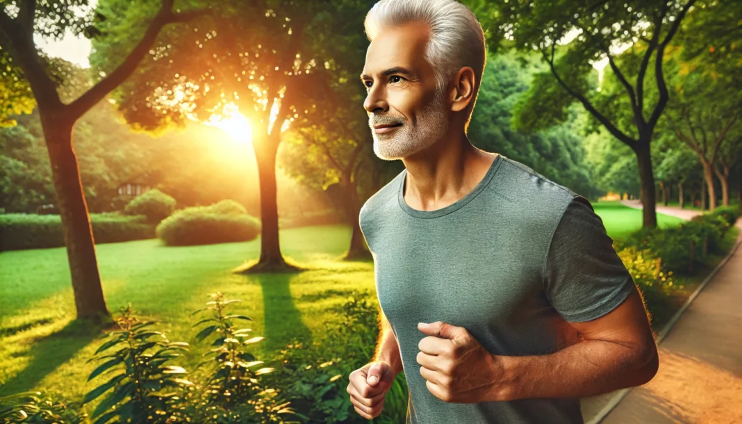 Senior man jogging in a sunlit park, surrounded by green trees, symbolizing improved heart health through outdoor exercise and natural recovery.