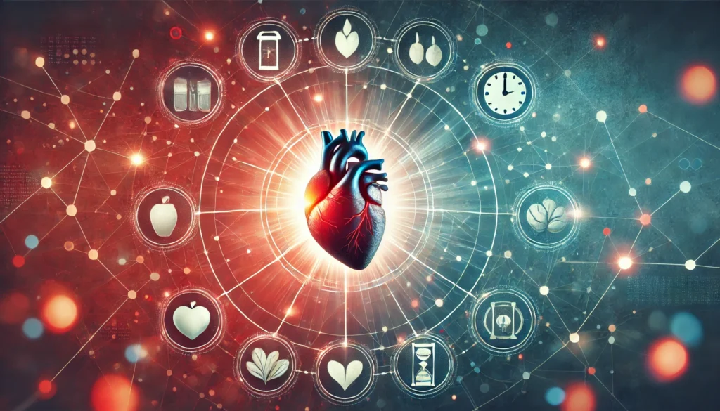 Abstract visual of a glowing human heart at the center with radiating lines linking to symbols of time and nutrition, illustrating the balance between intermittent fasting and heart health.
