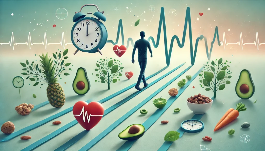 Conceptual illustration of a person walking on an ECG-shaped path, surrounded by clocks, heart icons, and healthy foods, symbolizing the health journey through intermittent fasting.