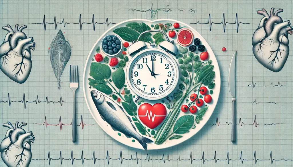 Minimalistic image of a heart-shaped plate with a clock at its center, surrounded by healthy foods and background visuals of arteries and ECG lines, representing the connection between fasting and cardiovascular wellness.