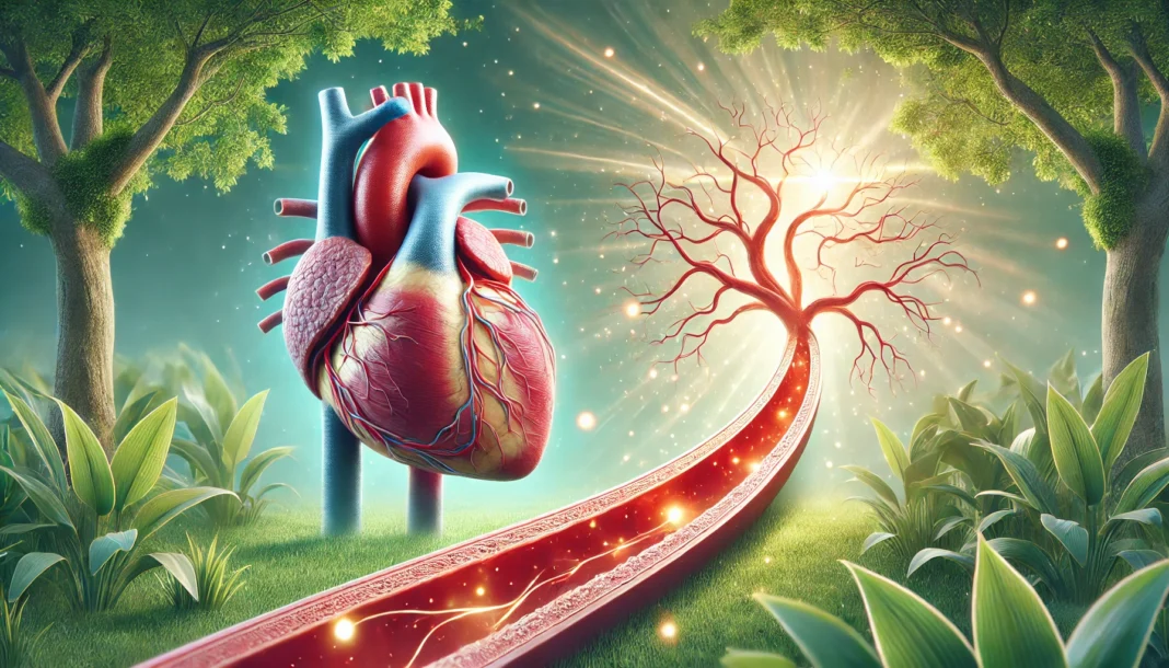 Visual comparison of a healthy artery and one narrowed by plaque buildup, set in a healing natural environment symbolizing cardiovascular recovery.