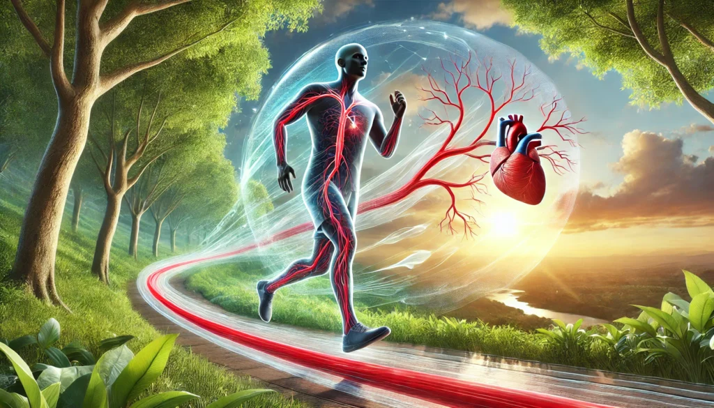 A person jogging through a serene natural landscape with transparent arteries overlaying the body, showing improved blood flow and artery health through exercise.