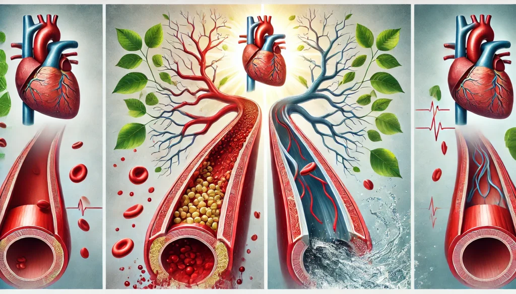 Cross-sectional medical-style illustration showing the transition from plaque-filled arteries to clear, healthy arteries, with natural healing elements like sunlight and flowing water.