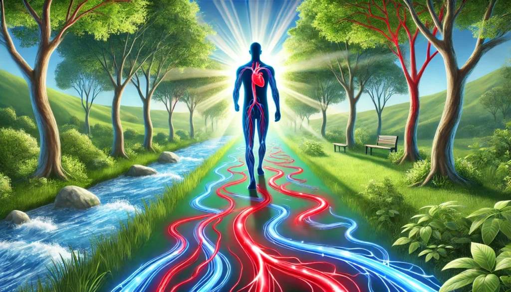 Symbolic scene of a human figure walking on a nature trail surrounded by glowing artery-like pathways that become clearer, representing natural artery unblocking through exercise.