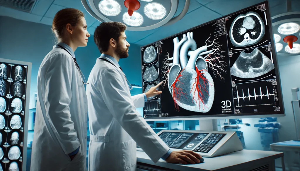 Cardiologist and radiologist analyzing a 3D heart scan on a digital monitor, emphasizing diagnostic imaging in coronary artery disease treatment.
