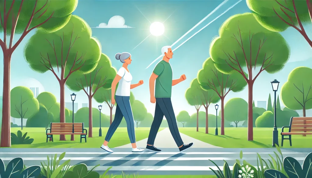Middle-aged man and woman walking outdoors in a park, symbolizing healthy lifestyle habits recommended after coronary artery disease treatment.