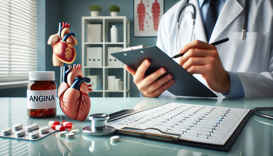 Close-up of a doctor’s hands holding a clipboard with an angina treatment plan, with medications and a stethoscope in a clean office setting.