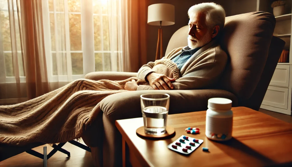Elderly man resting in a cozy living room with a blanket, glass of water, and angina medications on a side table beside him.