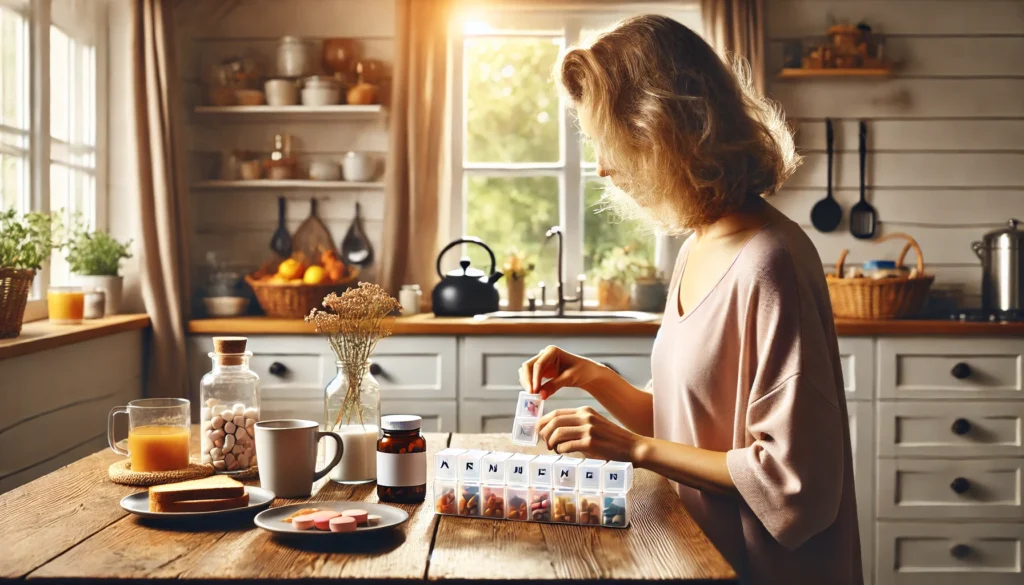 Woman organizing daily angina medications into a pill box in a warm, sunlit kitchen with breakfast on the table.