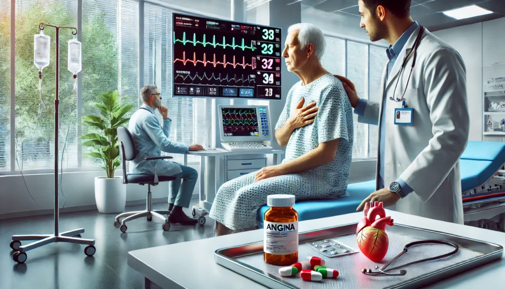 Patient with mild chest discomfort receiving timely care from medical staff in a bright emergency room with visible angina medications and heart monitor.