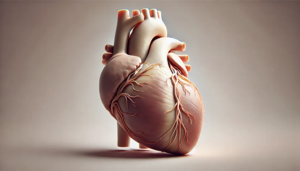 Plain anatomical side view of the human heart with coronary arteries wrapping around the heart surface in a clear, soft-toned medical rendering.