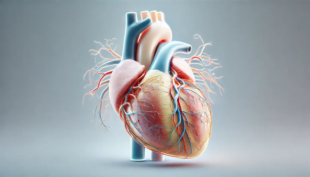 Transparent 3D heart model showing coronary arteries embedded in the myocardium, highlighting how blood is delivered to the heart muscle.