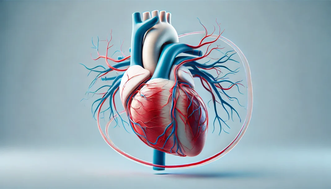 Clean 3D medical visualization of coronary circulation with red arteries and blue veins on the heart, demonstrating oxygenated blood flow.