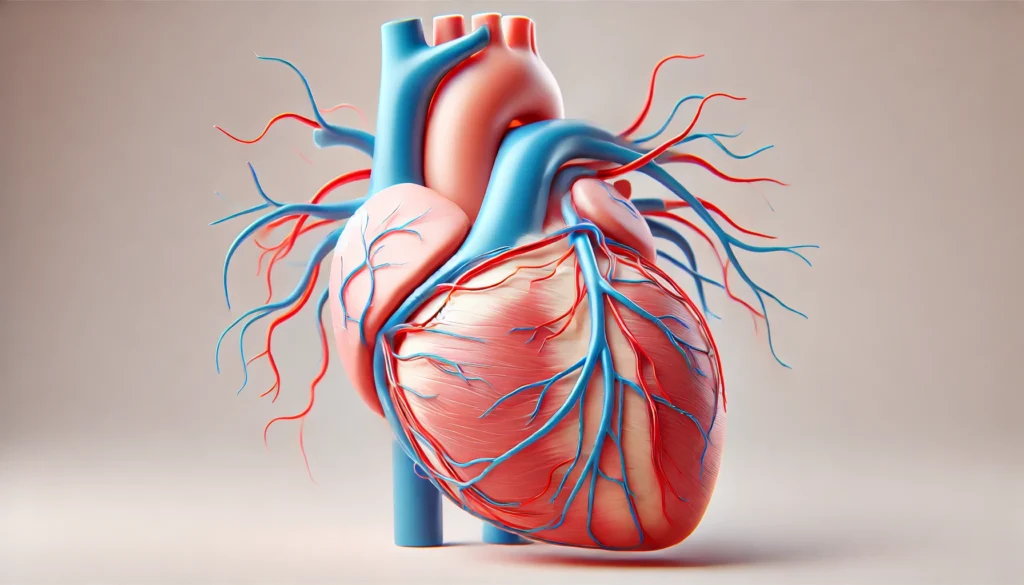 Plain anatomical side view of the human heart with coronary arteries wrapping around the heart surface in a clear, soft-toned medical rendering.