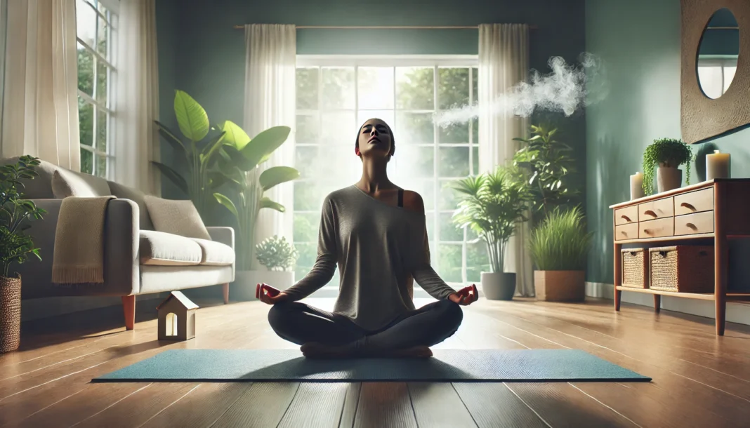 Person meditating in a peaceful, plant-filled room with soft natural lighting, promoting deep breathing and stress relief to naturally lower blood pressure.