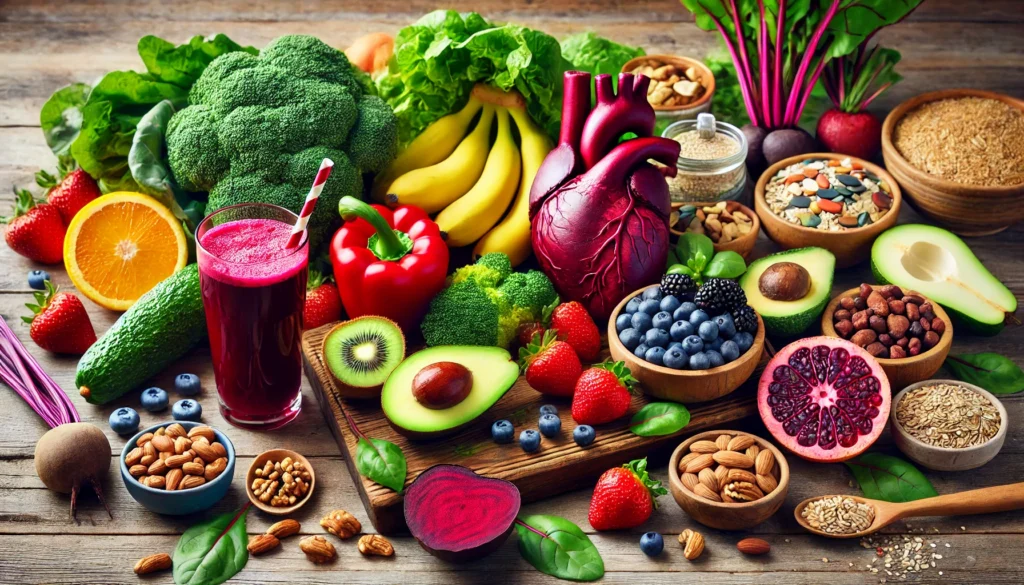 Colorful arrangement of blood pressure-lowering foods including leafy greens, berries, bananas, avocados, nuts, whole grains, and beet juice on a wooden table.