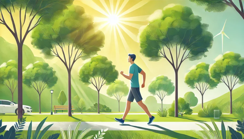Individual brisk walking along a sunlit tree-lined path, highlighting physical activity in nature as a natural remedy to reduce high blood pressure.
