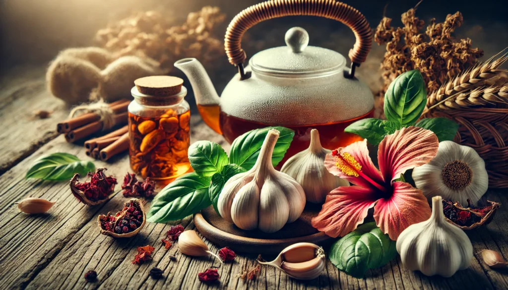 Wooden surface with garlic, basil, hibiscus flowers, and a teapot of herbal tea illuminated by natural light, symbolizing natural herbal remedies to lower blood pressure.
