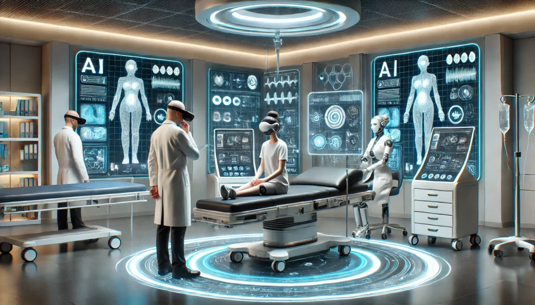 Futuristic hospital with AI diagnostic machines, doctors using augmented reality headsets, and a patient interacting with a robotic healthcare assistant