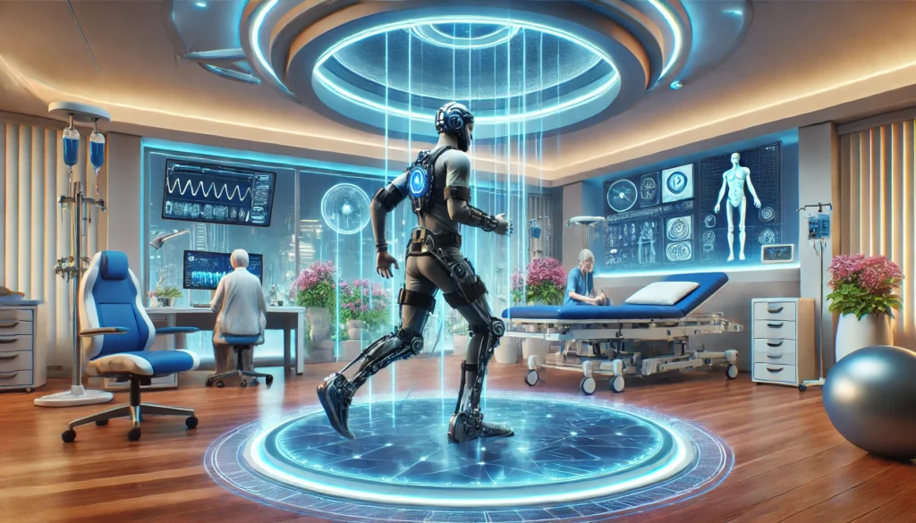 Innovative rehabilitation center featuring patients using robotic exoskeletons and virtual reality therapy for mobility recovery.